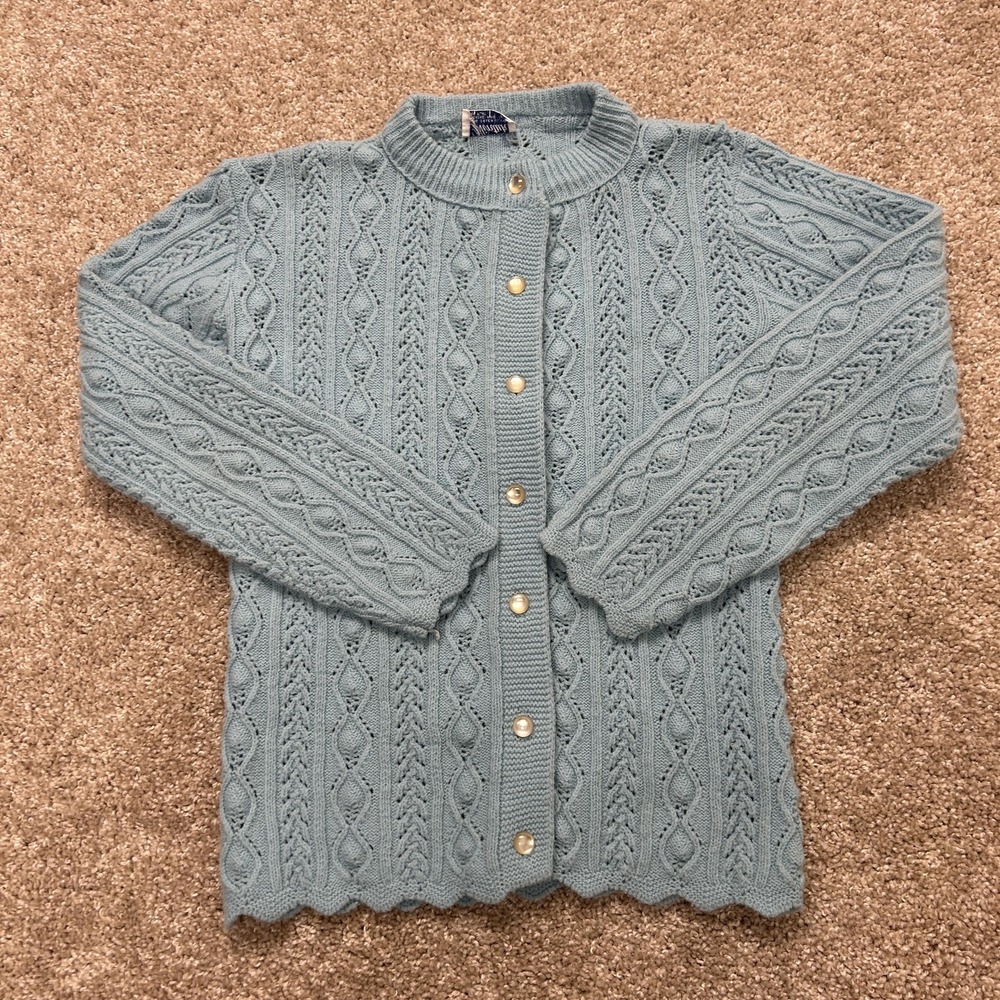 Vintage Wintuk Sweater Womens Medium Blue Cable Knit Button Cardigan Scallop Hem